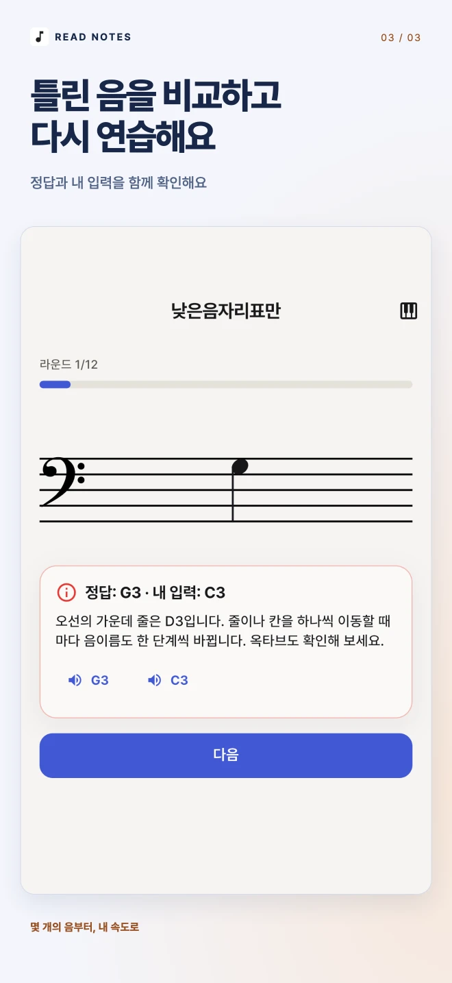 틀린 음을 비교하고 다시 연습해요
