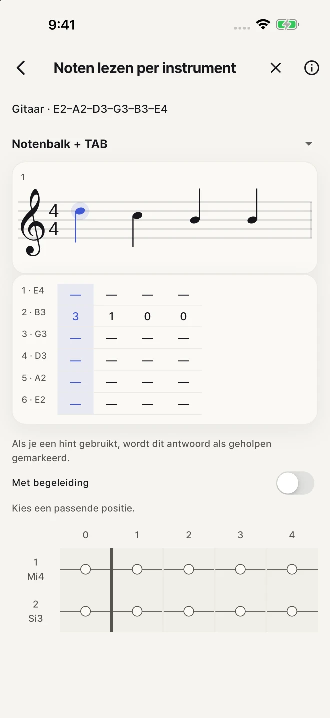 Vind de snaar en fret die bij de geschreven noot horen.