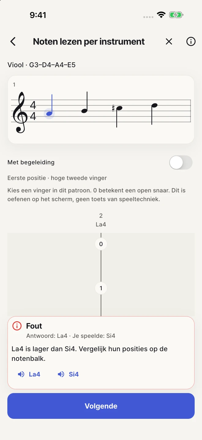 Vergelijk je antwoord met de juiste noot en oefen opnieuw.
