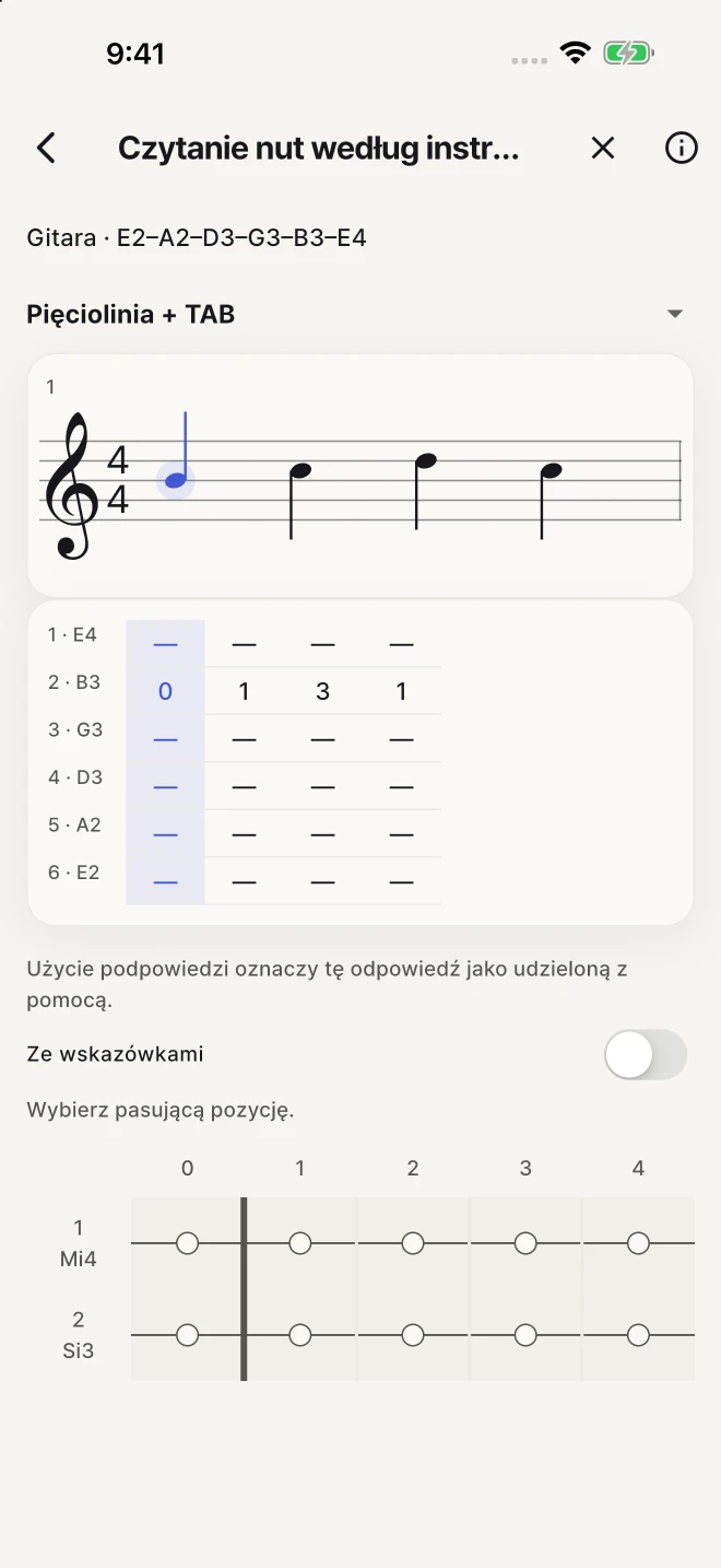Łącz zapisane nuty ze strunami i progami na ekranie.