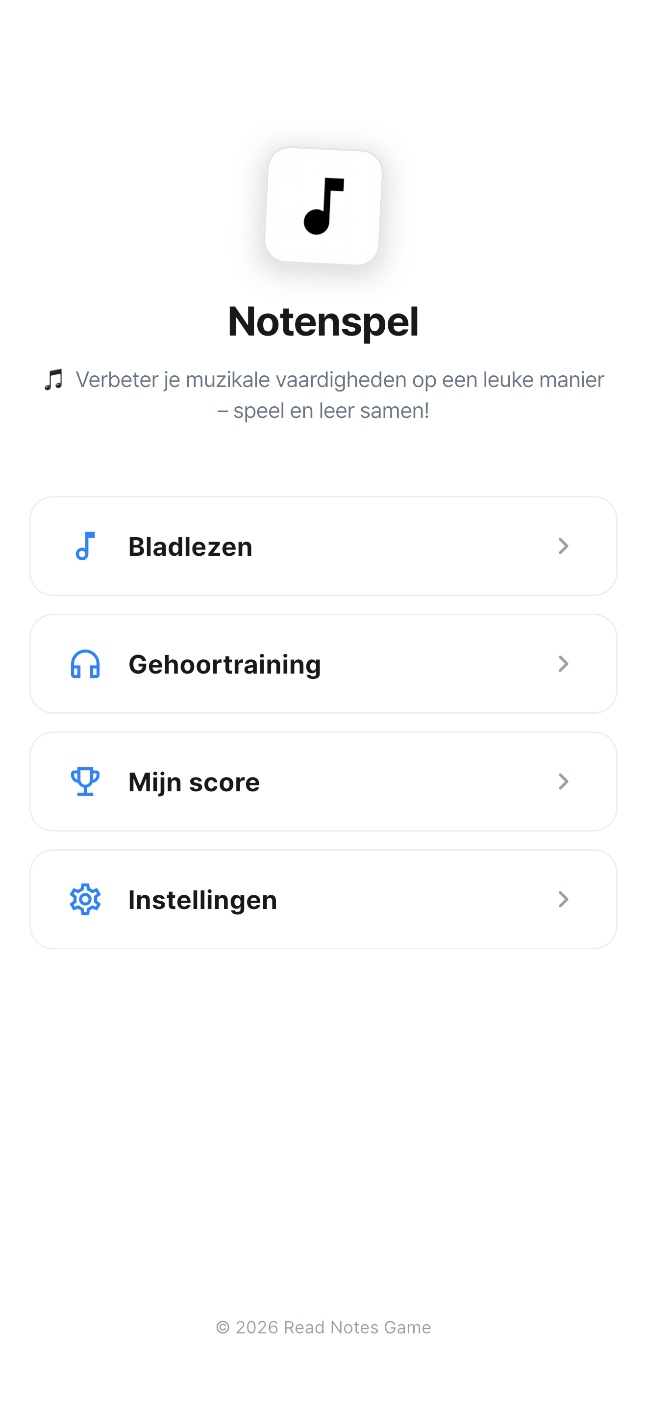 Noten Lezen Spel hoofdscherm
