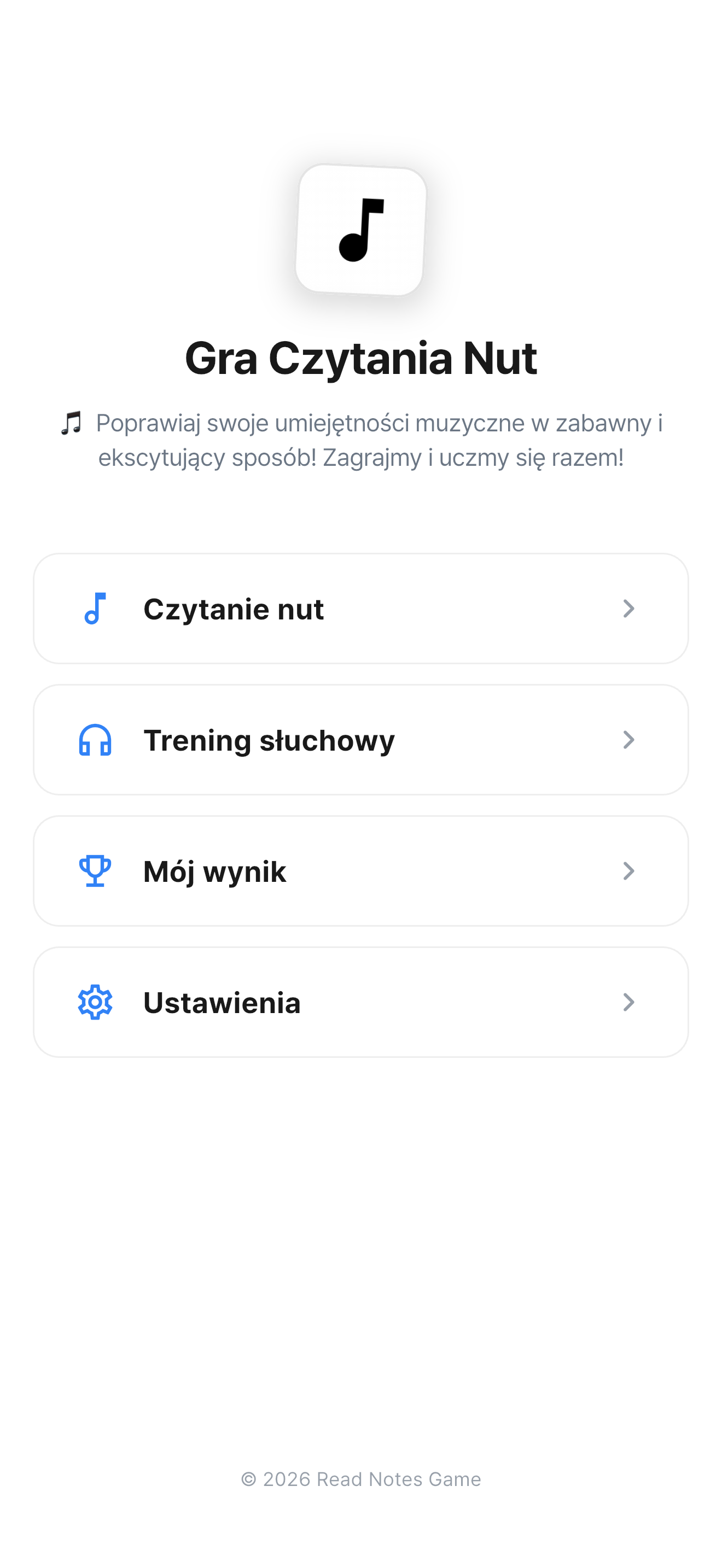 Ekran główny Gry w Czytanie Nut