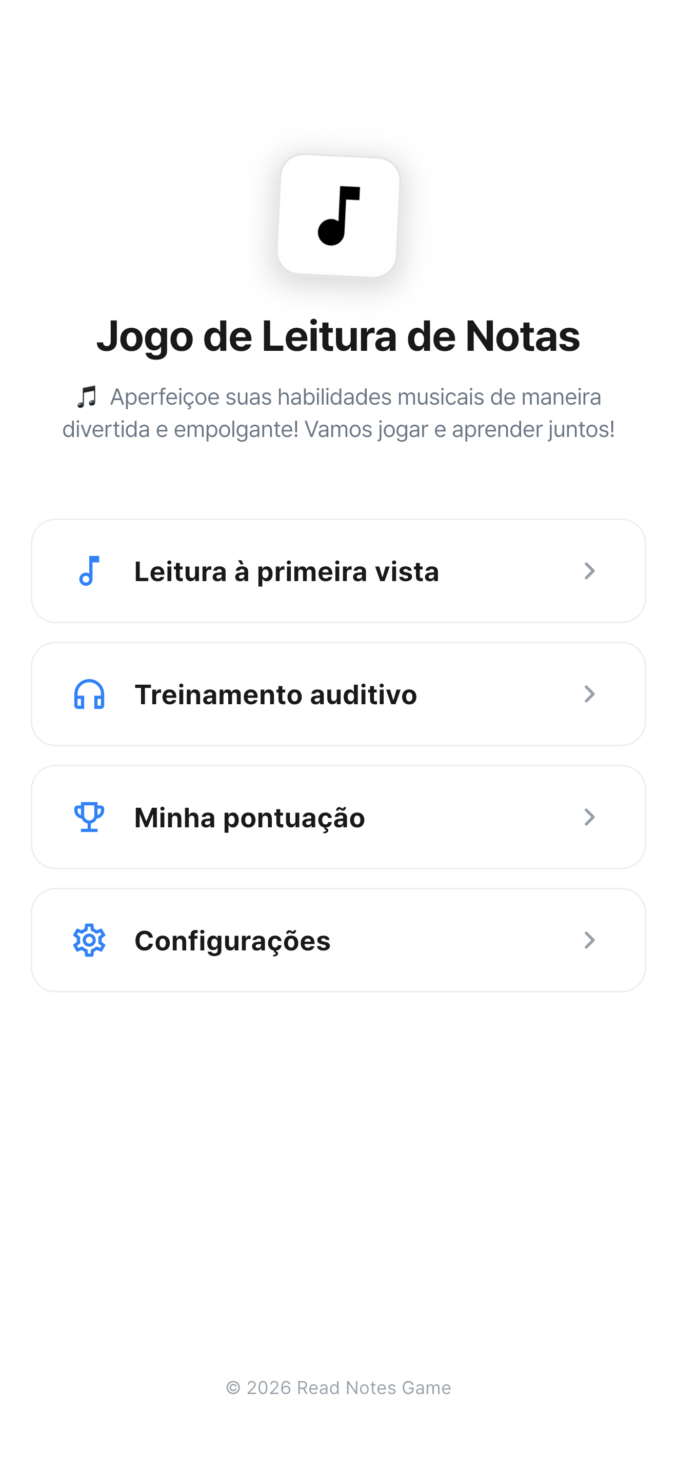 Tela principal do Jogo de Leitura de Notas