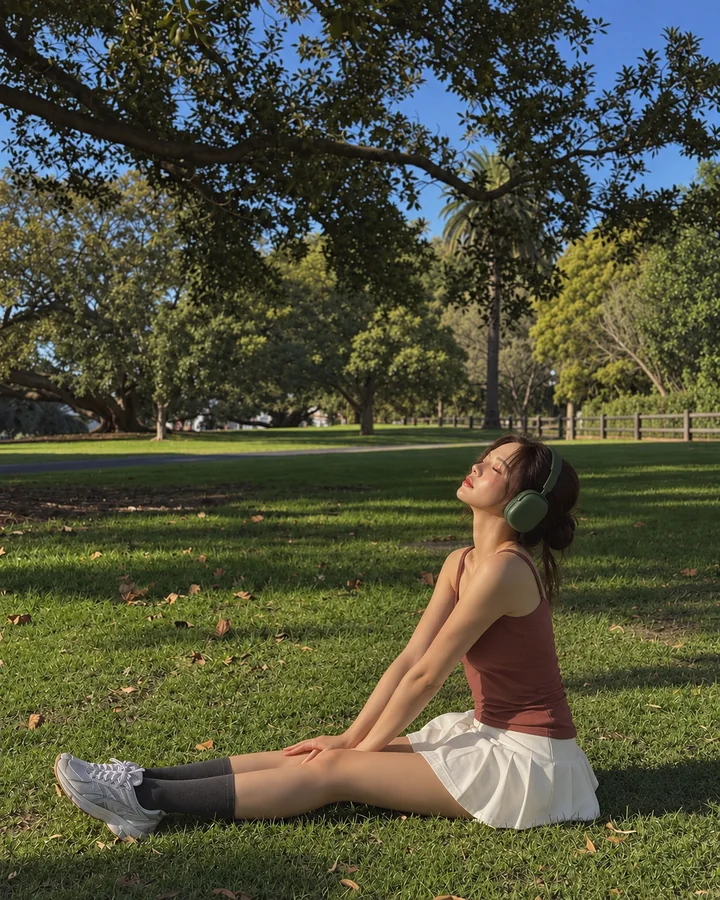 A pose reference from the YOLOCAM guide collection — Sitting in the park sunlight